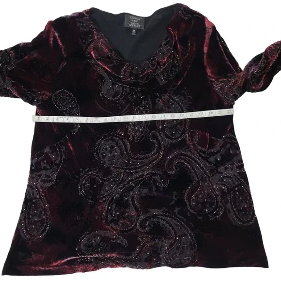 Carmen Marc Valvo Size 2x Bell Sleeve Cowl Neck Paisley Velvet Top Blouse Gothic - Picture 8 of 12